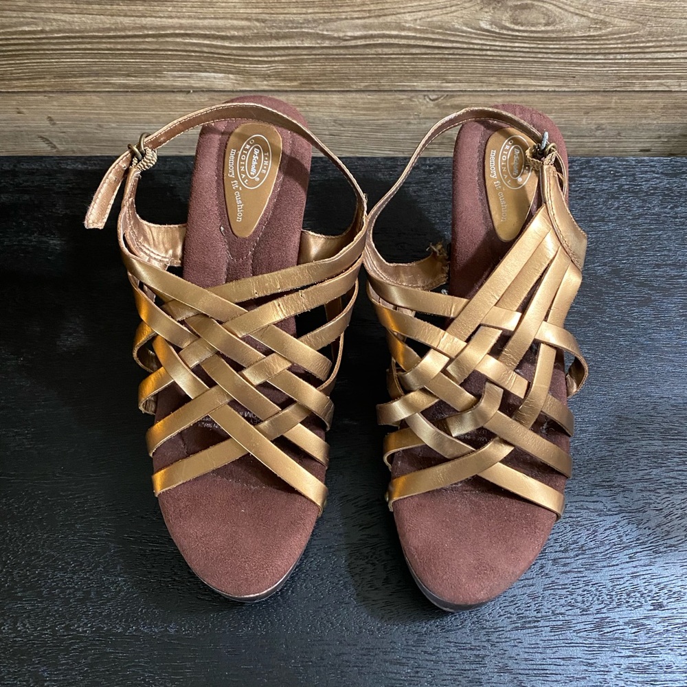 Dr. Scholl’s Metallic + Wooden Heeled Sandals